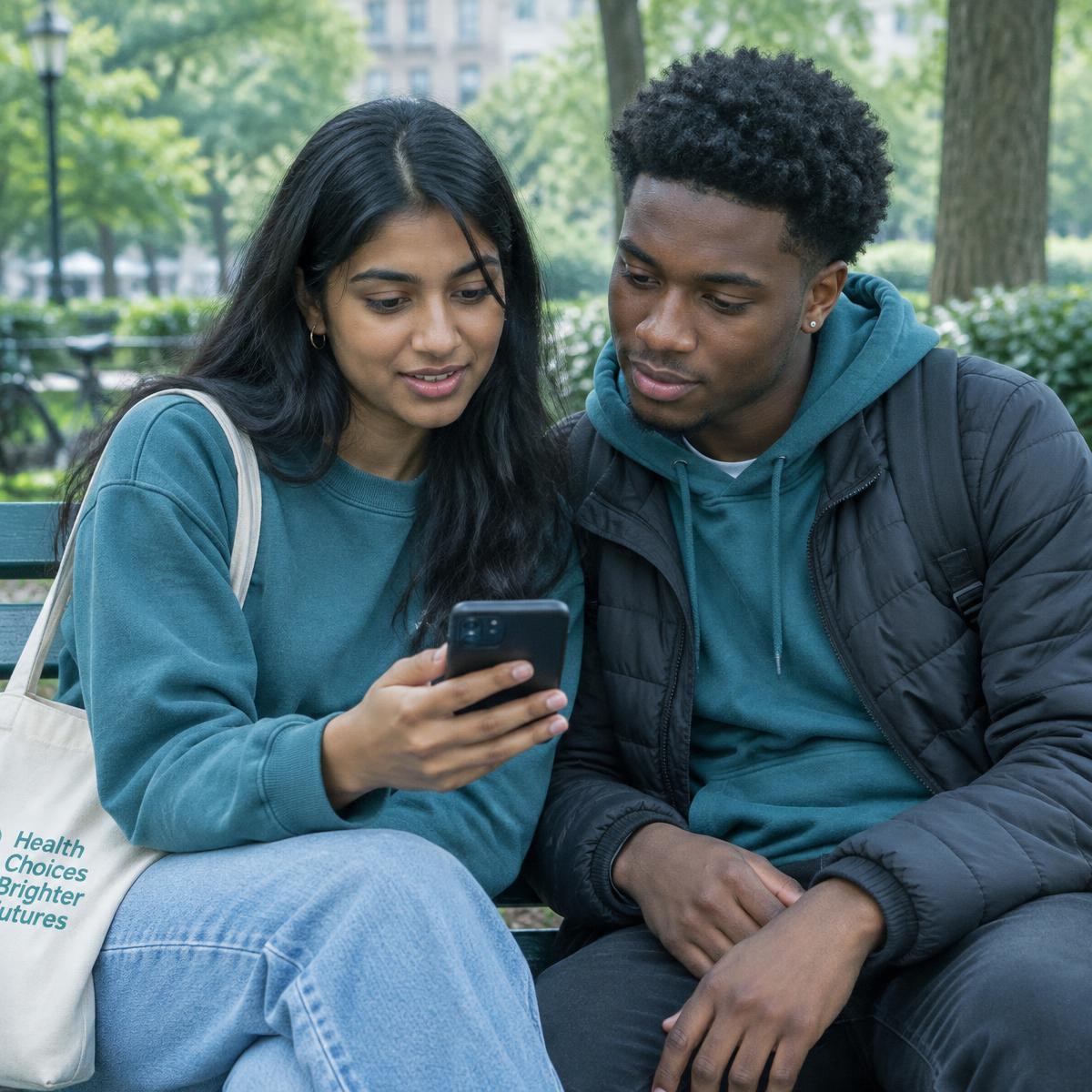 Two young adults reading information together on a smartphone