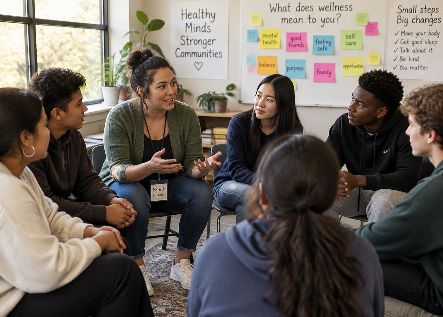 Young people in a group discussion led by a facilitator